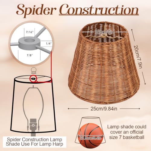 1 Pack Natural Rattan Spider Boho Lamp Shade Handwoven Indonesian Rattan, Large Wicker Woven Lampshade for Table & Floor, Boho Decor (5.9" Top × 9.8" Bottom × 7.9" Slant,Frustum Shape) - size: 5.9" Top × 9.8" Bottom × 7.9" Slant