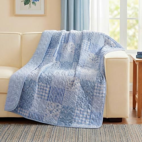 Quilted Throw Blanket 50"x 60" Blue Floral Patchwork Quilt Throw Blanket Reversible Lightweight Shabby Farmhouse Lap Quilt for Couch Sofa Bed Decor