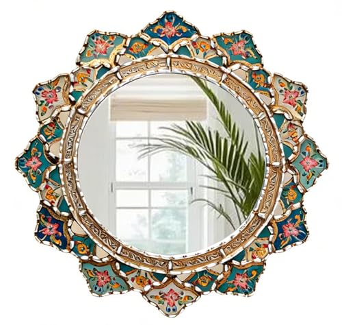 2 Pieces Peruvian Round Wall Mirror - Boho Flower Shape Vintage Decor, Acrylic Wooden Decorative Mirror with Flat Printed Patterns, Small Blue Accent for Bedroom - color: Blue and White