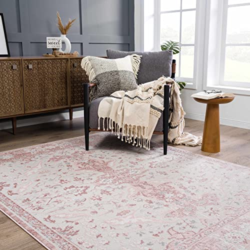 Hauteloom Isidore Boho Vintage Floral Area Rug - Farmhouse Traditional Medallion Carpet for Living Room, Bedroom, Dining Room - High Pile - Pale Pink, Peach, Cream, Blush - 5'2" x 7' - color: Pink, Gray / Zora, size: 5'2" x 7' (Rectangular)