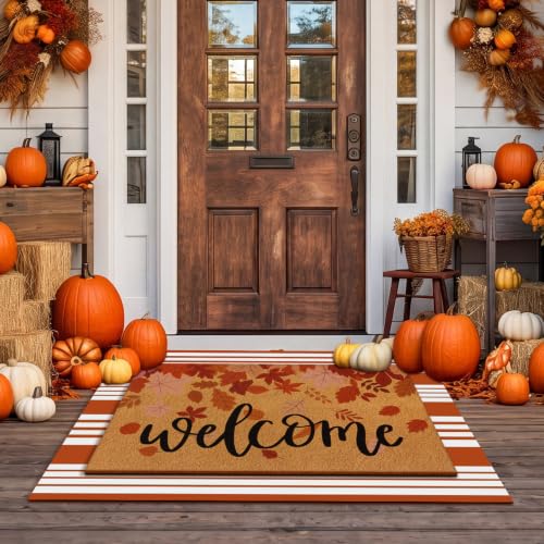Moucuny 2 Pcs Fall Doormat Welcome Door Mat Outdoor Autumn Non Slip Coir Front Door Mat Orange and White Plaid Checked Rug for Fall Thanksgiving Indoor Outdoor Porch Entrance Decor (Maple Leaves) - style: Maple Leaves