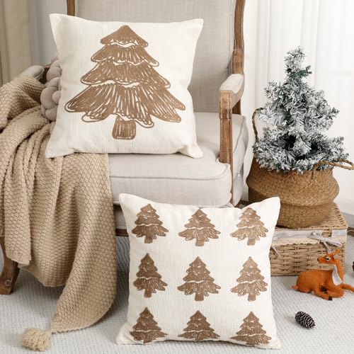 SmoothNovelty Tufted Cream Christmas Tree Pillow Covers Set of 2, 18x18 Inch Neutral Winter Throw Cushion Cases for Cozy Farmhouse Holiday Home Decor