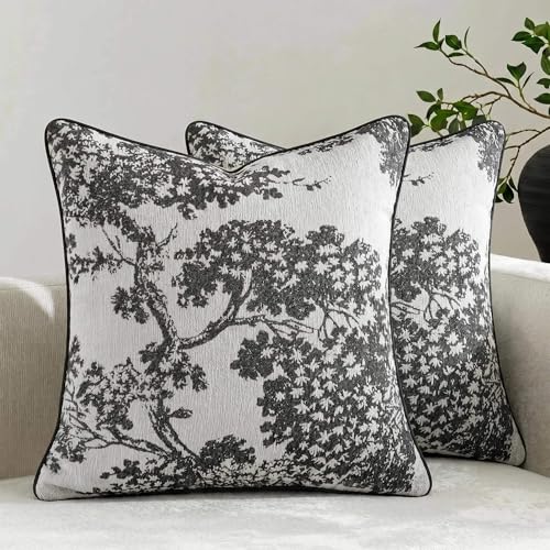 Mantle & Mason Floral 18x18 Throw Pillow Covers Set of 2, French Vintage Woven Jacquard Decorative Accent Pillow Cases for Couch, 430GSM Thick Chenille & Luxury Velvet, Black - color: Tree Pattern Black, size: 18" x 18" (Pack of 2)