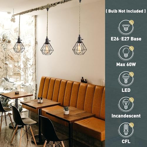 3-Light Hanging Light with Plug in Cord,Plug in Pendant Light 22ft Hemp Rope Pendant Lighting Vintage 3-Light Hanging Lamp Fixtures for Kitchen Island Living Room Bedroom - color: 3 Light Black Cage