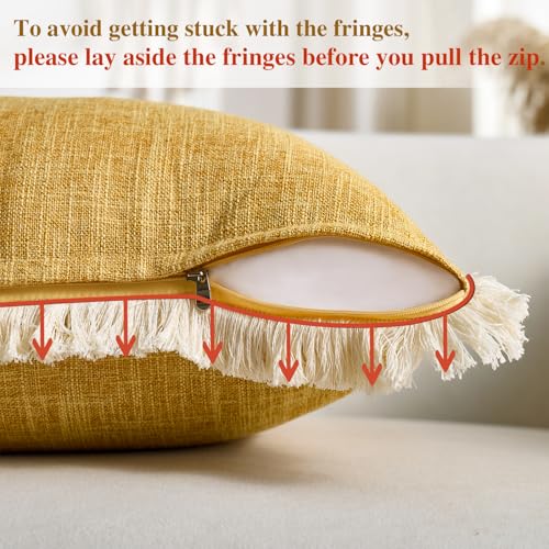 Mustard Yellow Faux Linen Decorative Throw Pillow Covers 18x18 Inch Set of 2 Boho Farmhouse Pillowcases with Tassels Rustic Woven Textured Burlap Cushion Cases for Sofa Bed Living Room Home Decor - color: Mustard Yellow, size: 18" x 18" (Pack of 2)
