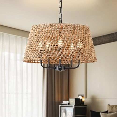 20" Large Rattan Chandeliers for Dining Room, 5-Light Farmhouse Wicker Boho Chandelier with T-Shape Shade Rattan Ceiling Pendant Light Fixture for Bedroom Hallway Kitchen Island(Black) - color: Black 5-Light 20" T-Shape