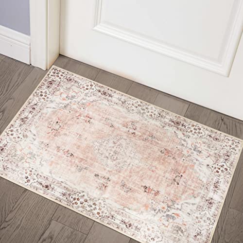 MUJOO Pink Area Rug Small Area Rugs Boho Machine Washable Rugs Non Slip for Entryway Kitchen Bathroom Bedroom Vintage Soft Low-Pile 2'x3' Flowers - color: Pink, size: 2' x 3' (Rectangular)