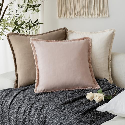 Foindtower Decorative Linen Fringe Throw Pillow Covers Cozy Boho Farmhouse Cushion Cover with Tassels Soft Accent Pillowcase for Chair Sofa Bed Living Room Home Decor, 16×16 Inch, 1PC,Light Pink - color: Light Pink, size: 16" x 16" (Pack of 1)