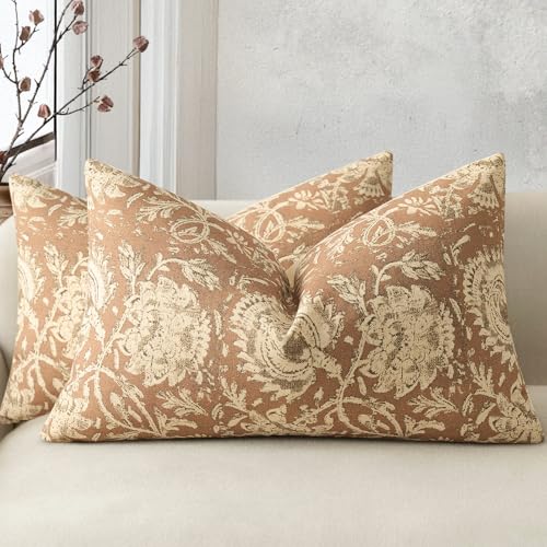 Vintage Floral Print Throw Pillow Covers 12x20 Set of 2 Neutral Modern Farmhouse Pillow Cases Accent Decorative Cushion Covers Boho Home Decor for Couch Sofa Chair Bed Living Room, Cognac - color: Cognac, size: 20" x 12" (Pack of 2)