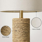 BOBOMOMO Boho Lamps Set of 2, 25.5" Coastal Farmhouse Bedside Lamps, Resin Woven Rattan-Look Nightstand Lamps with Linen Shade & Rotary Switch for Bedroom Living Room Home Decor