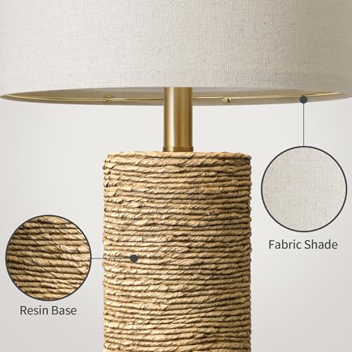 BOBOMOMO Boho Lamps Set of 2, 25.5" Coastal Farmhouse Bedside Lamps, Resin Woven Rattan-Look Nightstand Lamps with Linen Shade & Rotary Switch for Bedroom Living Room Home Decor