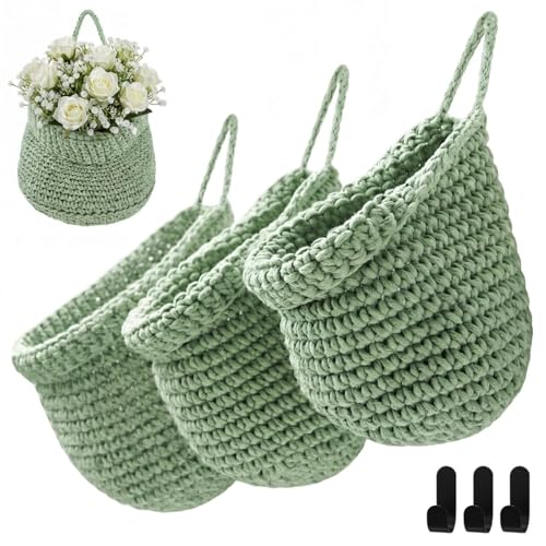 Honeydak Boho Decor Hanging Wall Baskets for Kitchen 3 Pack Teardrop Baskets with Hooks Storage Fruit Onion Vegetable Potato for Home 3 Sizes (Sage Green,Barrel,Cotton Rope) - color: Sage Green, size: Cotton Rope, style: Barrel