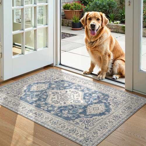 Lahome Oriental Washable Small Area Rug, 2x3 Rugs for Entryway Kitchen, Ultra-Thin Soft Indoor Door Mat Non Slip Throw Carpet for Bedroom Bathroom Eleanor, Blue - color: Blue, size: 2' x 3' (Rectangular)