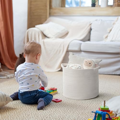 Blanket Basket (16" Dx14 H) - Round Woven Rope Storage for Living Room Throws, Pillows & Laundry- White - color: White, size: 16" X 16" X 14"