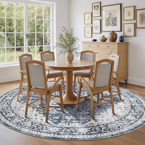 AMADA HOMEFURNISHING Round 8ft Area Rugs, Low-Profile Washable Rug with Non-Slip Backing & Durable Edge Binding, Vintage Rugs for Living Room, Bedroom, Dinning Room - color: Blue, size: 8' (Round)