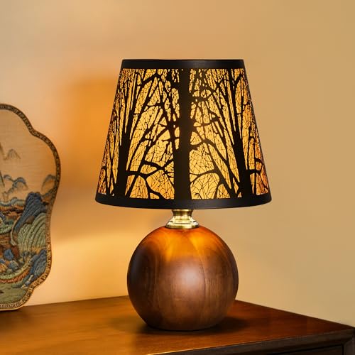 11.4" Rustic Forest Small Table Lamp, Solid Wood Base & Metal Tree Shade with 3-Color Stepless Dimmable Bedside Lamp, Nightstand Light for Bedroom & Living Room, Bulb Included - color: Forest Shade + Solid Wood Base