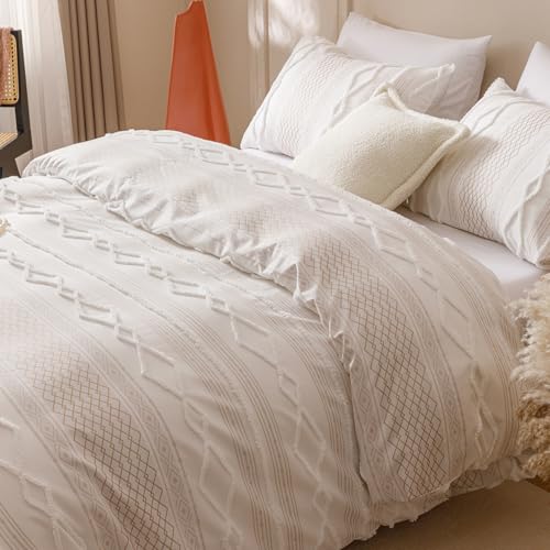 Wellboo Beige Tufted Jacquard Boho Comforter Set Queen Size Cream Khaki Bedding Set Shabby Chic All Season Quilt Women Men Oatmeal Farmhouse Embroidery Blanket Soft Adult Broken Line Wave Geometry Bed - color: 6-white, size: Queen-90"*90"