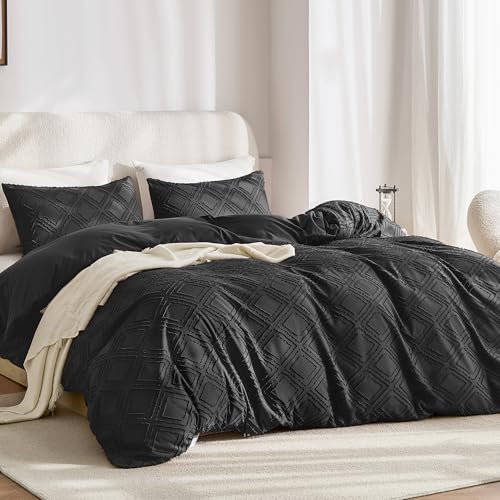 JELLYMONI Duvet Cover King Size Black - 3PCS Boho Duvet Cover Set Plaid Polyester Tufted Bohemian Jacquard Knit Textured Comforter Cover 104×90in Rhombic Geometric Pattern Zipper Corner Tie - color: Black-grid, size: King(104"×90")
