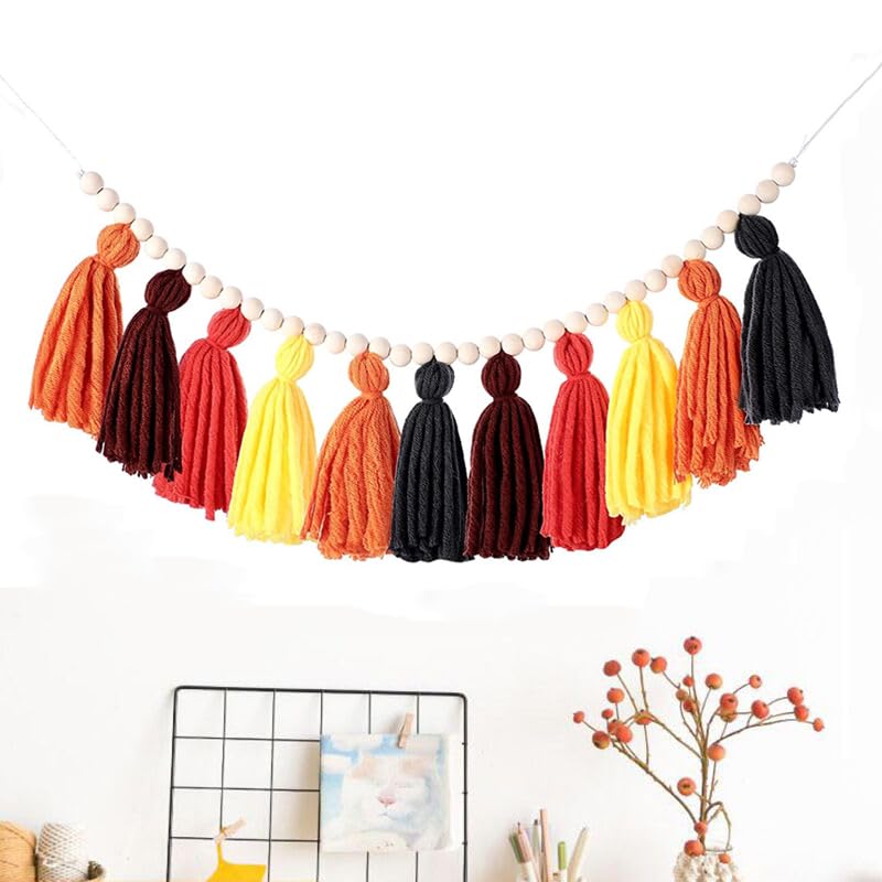 3PCS/Set Boho Tassel Garland,BetterJonny Boho Tassel Garland Wall Hanging Decor Pastel Banner with Wood Beads and 2Pcs Pom Pom Felt Ball for Home and Outdoor Decor - color: Style -2