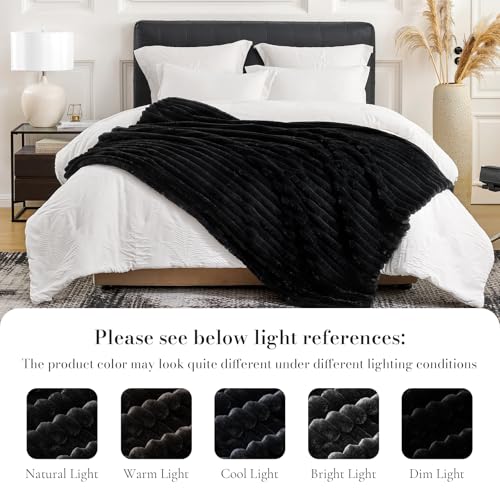Amélie Home Faux Fur Throw Blanket for Couch, Cozy Fuzzy Fluffy Fur Luxurious Soft Striped Plush Gift Blankets for Family Sofa Chair Bedroom, 55"x70", Black - color: Striped Black, size: Throw(55"x70")