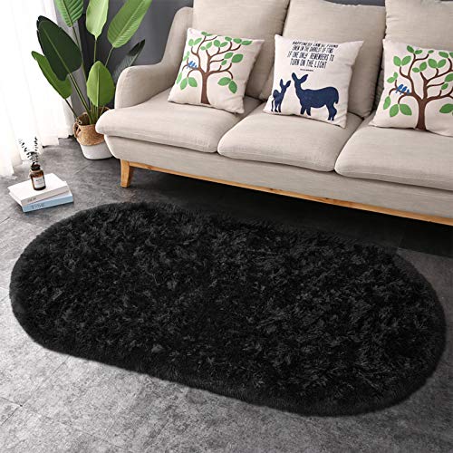 junovo Ultra Soft Washable Shaggy Rug - Non-Slip Oval Carpet for Nursery, Kids Bedroom & Home Decor (2.6x5.3ft Black) | Plush Fluffy Floor Mat for Cozy Living Spaces - color: Black, size: 2.6' x 5.3'
