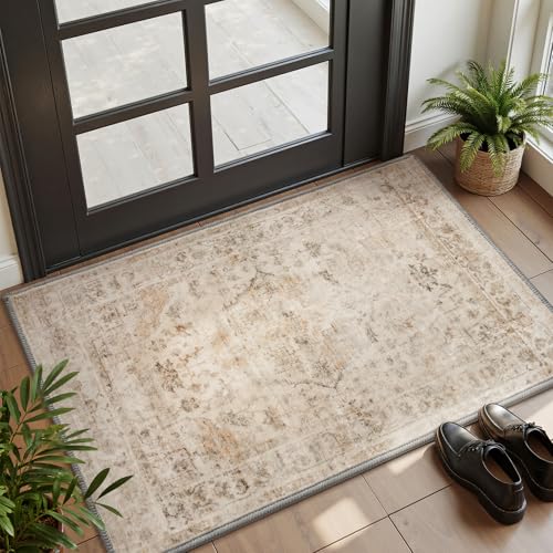 AMOAMI-2X3 Small Rug-Washable Rugs Entryway Mat Indoor-Soft Vintage Non Slip Rugs for Kitchen Laundry Room Bathroom Beige Decorative Accent Rug for in Front of Sink 24 Inch x36 Inch - color: Beige, size: 2' x 3' (Rectangular)