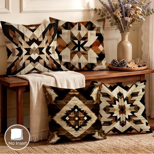 OBSEDE Rustic Aztec Wood Decorative Throw Pillow Covers 18x18 Set of 4 Faux Linen Cushion Cases Single-Sided Print Faux Wood Geometric Accent Pillows for Couch Sofa - color: Rustic Aztec Wood