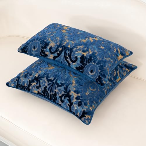Alerfa Boho Blue Floral Throw Pillow Cover 20x20 Inch Cut Velvet Sqaure Luxury Embroidered Decorative Pillow Cover for Couch Living Room Bedroom - color: Blue, size: 20" x 20" (Pack of 1)