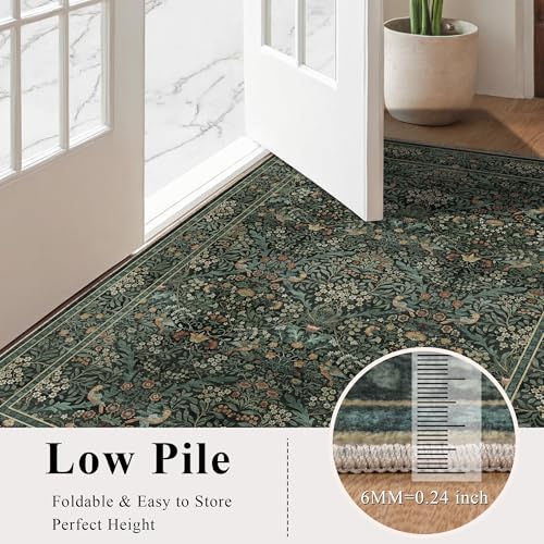 2x3 Floral Washable Area Rug for Living Room, Vintage Boho Rug for Bedroom Dining Room， Distressed Botanical Birds Non Slip Low Pile Forest Animal Throw Carpet for Farmhouse Office, Dark Green - color: Dark Green, size: 2' x 3' (Rectangular)