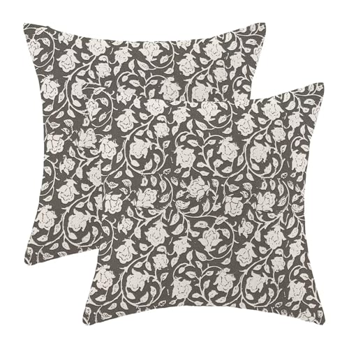 Taupe Floral Throw Pillow Covers 18x18 Set of 2, Flower Print Linen Decorative Pillow Cover Neutral Vintage Outdoor Cushion Cover Taupe Black Floral Pillowcase for Sofa Couch Farmhouse Room - color: Floral Black, size: 18" x 18" (Pack of 2)