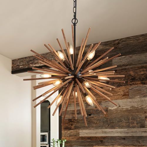 23.6" Farmhouse Sputnik Chandelier for Dining Room Rustic Handmade Natural Wood 12-Light Hanging Ceiling Pendant Light Fixture Starburst Wood Chandeliers for Kitchen Bedroom Foyer Hallway - size: Diameter 23.6", 12-Light