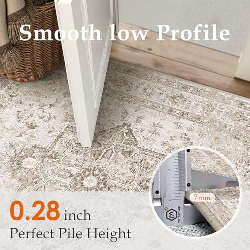PureCozy Taupe Runner Rug 2x6 Hallway Kitchen Washable Vintage Carpet Non Slip Retro Distressed Low Pile Soft Oriental Medallion Thin Long Throw Rug for Entryway Bathroom Office Laundry Dining Room - color: Accent | Taupe, size: 2' x 6' (Runner)