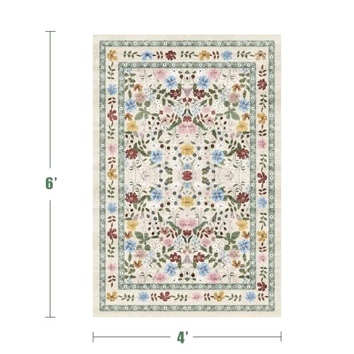 Floral Area Rugs 4x6 Washable Living Room Bedroom Carpet - Vintage Boho Thin Non-Slip Soft Low Pile Floor Mat Indoor Home Decor for Dining Room Playroom Farmhouse, Beige/Green/Multi - color: Beige/Green/Multi, size: 4' x 6' (Rectangular)