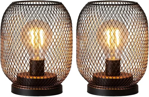 Set of 2 Battery Operated Lamp LED Table Lantern, Brown Metal Cage Cordless Lamps with LED Bulb，Vintage Decorative Outdoor Lantern for Weddings, Parties, Patio, Events for Indoors Shelf Decor - style: Bronze Oval / Timer