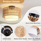 Somniferous Rattan Ceiling Light Fixture, Boho Flush Mount Ceiling Light with Double Drum Shade, Farmhouse Woven Light Fixture for Bedroom, Living Room, Kitchen, Hallway, Entryway, 12.6”, E26 Base