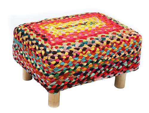 COTTON CRAFT Multi Chindi Footrest - Braided Cotton Rag Rug Foot Stool Ottoman with Sturdy Wood Legs – Handmade Boho Leg Rest - Small Spaces Under Desk Living Room Entryway Low Footstool - 16.5x12x9.5 - color: Cotton - Multi