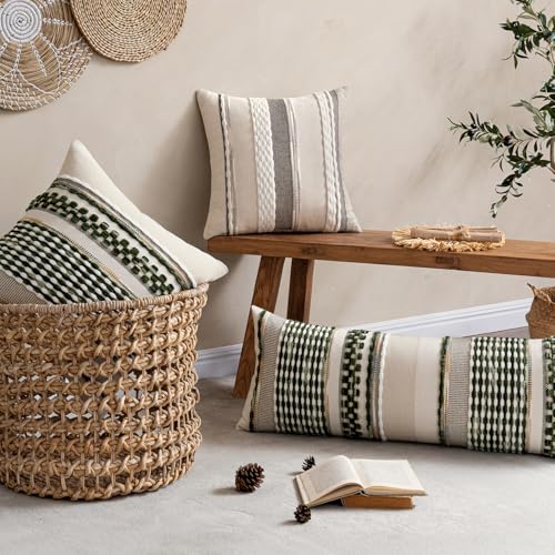ANRODUO Pack of 2 Boho Decorative Throw Pillow Covers 18x18 Farmhouse Cushion Case Striped Chenille Pillow Cases Square Pillow Covers Accent Neutral Pillowcase for Sofa Couch Bed, Dark Green Stripe - color: Dark Green Stripe, size: 18" x 18" (Pack of 2)
