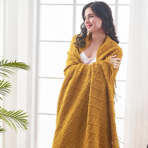 inhand Knitted Fall Throw Blanket for Couch and Bed, Knit Fall Decor Halloween Blanket with Tassel, Brown Lightweight Decorative Farmhouse Warm Woven Blankets and Throws for Women, 60"x80" - color: Brown, size: 60"x80"