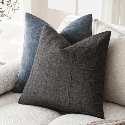 Foindtower Set of 1 Decorative Linen Check Throw Pillow Cover Neutral Farmhouse Vintage Cushion Cover Modern Boho Home Decor for Sofa Chair Couch Bedroom Living Room Outdoor,16×16 Inch,Charcoal - color: Charcoal, size: 16" x 16" (Pack of 1)