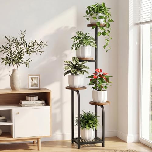 TOSKING 5 Tier Metal Anti-Tip Plant Stand indoor, Wide Base for Pots, Child and Pet Friendly ,Heavy Duty Plant Shelf ,Corner Shelf, Flower Pot Stand for Multiple Plants, Indoor Plants Tiered Stand for Living Room Balcony Garden Patio Bedroom(Black and Bro