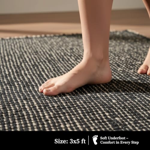Black 3x5 Jute Rug Braided Construction - Farmhouse Woven Carpet - Mid-Century Modern Floor Covering for Bedside, 3' x 5' - color: Black, size: 3' x 5'