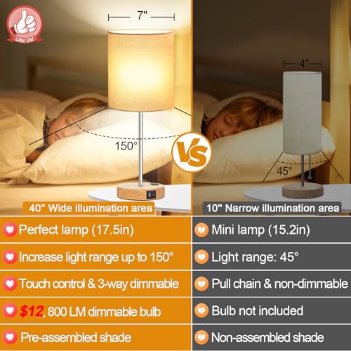 Lynnoland Set of 2 Touch Wood Table Lamps, Bedroom Lamps with 2 USB AC Outlet, 3-Way Dimmable Bedside Nightstand Lamps for Bedroom Living Room Nursery, 800 Lumens 2700K Bulbs Included - color: (2 Pack)Beige & Wood(Base)-2700K Bulbs Included