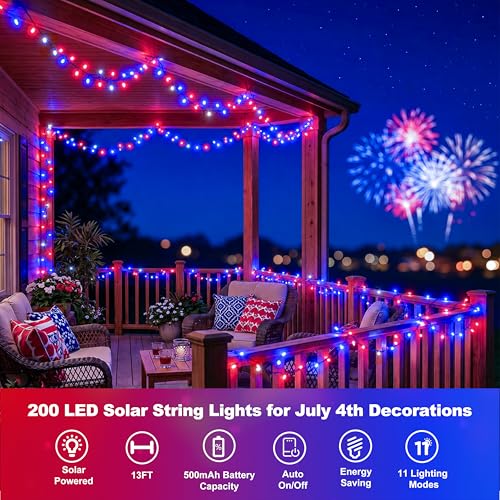 200LED Red White and Blue Lights, 20ft 4th of July Decorations Patriotic Lights Outdoor with 11 Modes 2 Festival Color, Solar String Lights Waterproof for Independence Day Christmas Decor, RWB & Warm - color: Red White Blue & Warm White, size: 200LED*1pc-