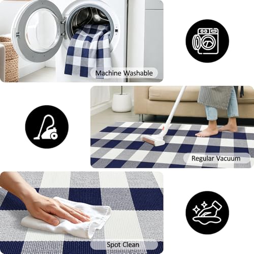 Checkered Runner Rugs 2x6 ft Navy and White Checkered Rug Buffalo Plaid Cotton Woven Mat for Hallways Kitchen Bedroom Living Room Porch Farmhouse Decor - color: Navy and White, size: 2‘×6’