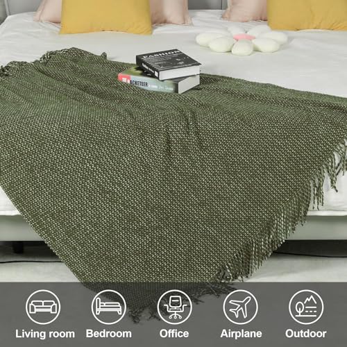 Blagic Knitted Throw Blanket for Couch, Soft Farmhouse Throw Blanket with Tassels,Home Decorative Lightweight Blankets,Spring Throws for Bed/Chair/Sofa,Wheat Textured (Green & White,60" W x 80" L) - color: Green & White, size: 60 × 80 in