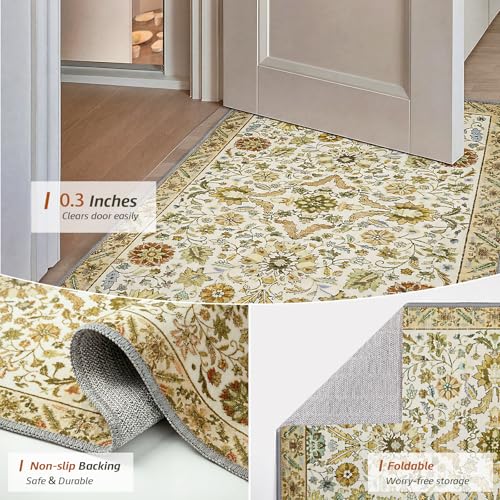 MINIDEAR 2x3 Area Rugs for Entryway Kitchen, Washable Rug Small Accent Rugs for Bedroom Non Slip Vintage Rug with Floral Print Thin Carpet Mat for Home, Daisy Tan - color: 03tan, size: 2' x 3' (Rectangular)