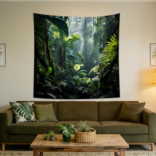 QGHOT Jungle Tapestry Wall Hanging Tropical Rainforest Backdrop Green Palm Leaves Tapestry Extra Large Forest Wall Art for Bedroom Living Room Office Decor 59.1" L x 59.1" W - size: 59.1"L x 59.1"W