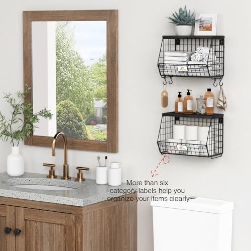 Goozii Black Kitchen Wall Hanging Storage Basket Set of 2, Rustic Stackable Kitchen Counter Fruit Organizer, Wire Baskets Container for Veggie, Garlic, Produce, Onion and Potato (Black Shelf) - color: Black + Black Wood