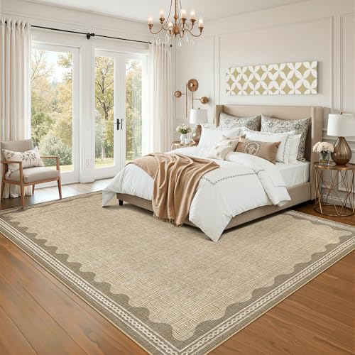 Garvee Washable Rug 10x13 Large Modern Bordered Bedroom Rug Ultra-Soft Non Slip Low Pile Floor Cover Non-Shedding Stain-Resistant Foldable Accent Rugs for Living Room Nursery Kids Room Office Jute - color: Border Jute, size: 10' x 13' (Rectangular)