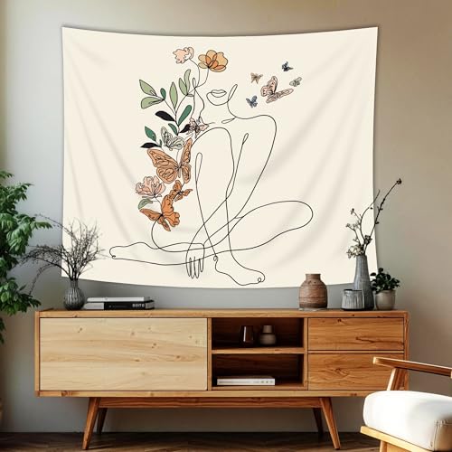 SVBright Abstract Woman Butterfly Fabric Wall Hanging Tapestry 59Wx51H Inch Mid Century Modern Minimalist Flower Plant Beige Terracotta Aesthetic Portrait Home Decor Art for Living Room Bedroom Dorm - color: Beige Woman Sitting, size: 51"L x 59"W